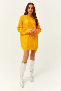 Olalook Women's Yellow Hair Braided Knitwear Tunic Dress - Image 4