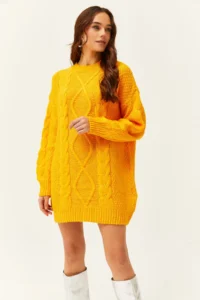 Olalook Women's Yellow Hair Braided Knitwear Tunic Dress - Image 5