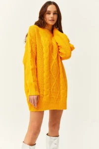 Olalook Women's Yellow Hair Braided Knitwear Tunic Dress - Image 6