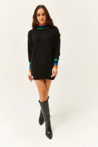 Olalook Women's Black Collar and Cuff Detailed Knitwear Tunic Dress - Image 2