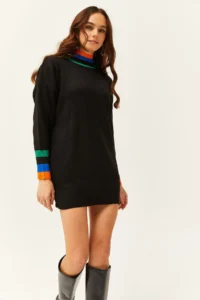Olalook Women's Black Collar and Cuff Detailed Knitwear Tunic Dress - Image 3