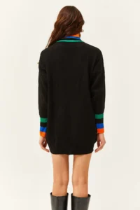 Olalook Women's Black Collar and Cuff Detailed Knitwear Tunic Dress - Image 4