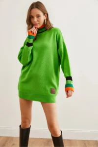 Olalook Women's Pistachio Green Collar and Cuff Detailed Knitwear Tunic Dress