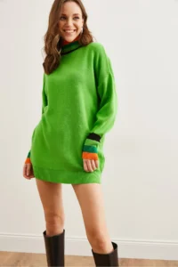 Olalook Women's Pistachio Green Collar and Cuff Detailed Knitwear Tunic Dress - Image 4