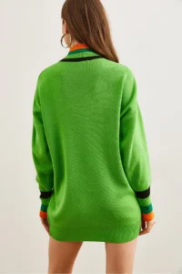 Olalook Women's Pistachio Green Collar and Cuff Detailed Knitwear Tunic Dress - Image 6