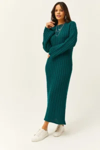 Olalook Women's Emerald Green Hair Braided Long Knitwear Dress