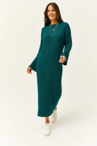 Olalook Women's Emerald Green Hair Braided Long Knitwear Dress - Image 2