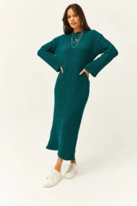 Olalook Women's Emerald Green Hair Braided Long Knitwear Dress - Image 3