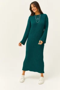Olalook Women's Emerald Green Hair Braided Long Knitwear Dress - Image 4