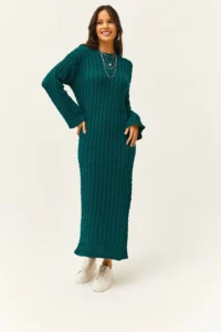 Olalook Women's Emerald Green Hair Braided Long Knitwear Dress - Image 5
