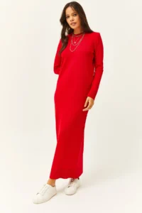 Olalook Women's Red Crew Neck Long Knitwear Dress