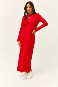 Olalook Women's Red Crew Neck Long Knitwear Dress - Image 2