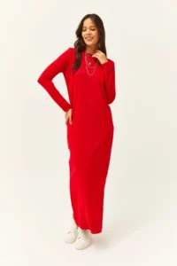 Olalook Women's Red Crew Neck Long Knitwear Dress - Image 3