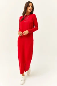 Olalook Women's Red Crew Neck Long Knitwear Dress - Image 4