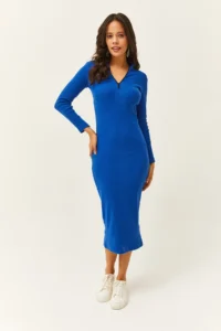 Olalook Women's Saks Blue Zippered Stand-Up Collar Long Lycra Dress - Image 2