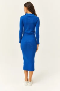 Olalook Women's Saks Blue Zippered Stand-Up Collar Long Lycra Dress - Image 4