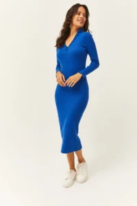 Olalook Women's Saks Blue Zippered Stand-Up Collar Long Lycra Dress - Image 5