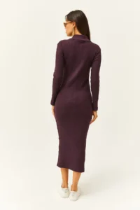 Olalook Women's Plum Zippered Stand Collar Long Lycra Dress - Image 5