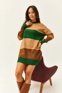Olalook Women's Camel Color Striped Soft Textured Mini Tunic Dress - Image 2