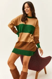 Olalook Women's Camel Color Striped Soft Textured Mini Tunic Dress - Image 3