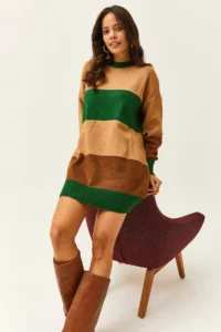 Olalook Women's Camel Color Striped Soft Textured Mini Tunic Dress - Image 4