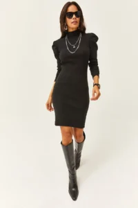 Olalook Women's Black Half Turtleneck Princess Sleeve Raised Mini Dress