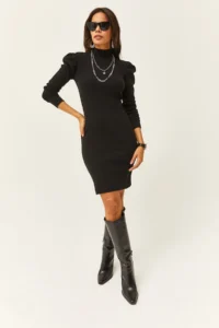 Olalook Women's Black Half Turtleneck Princess Sleeve Raised Mini Dress - Image 2