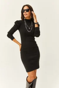 Olalook Women's Black Half Turtleneck Princess Sleeve Raised Mini Dress - Image 3
