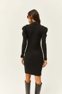 Olalook Women's Black Half Turtleneck Princess Sleeve Raised Mini Dress - Image 5