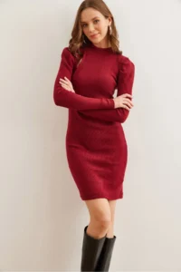 Olalook Women's Claret Red Half Turtleneck Princess Sleeve Raised Mini Dress