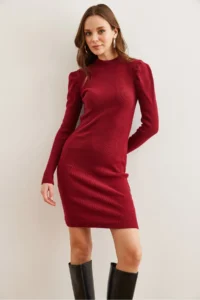 Olalook Women's Claret Red Half Turtleneck Princess Sleeve Raised Mini Dress - Image 2