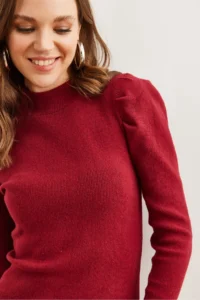 Olalook Women's Claret Red Half Turtleneck Princess Sleeve Raised Mini Dress - Image 6