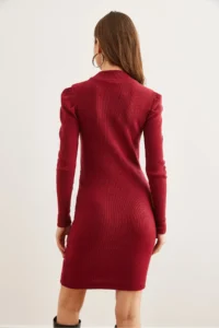 Olalook Women's Claret Red Half Turtleneck Princess Sleeve Raised Mini Dress - Image 7