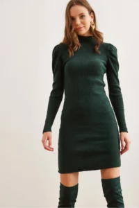 Olalook Women's Emerald Green Half Turtleneck Princess Sleeve Raised Mini Dress