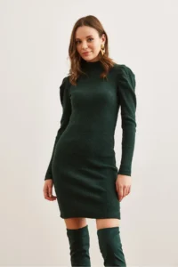Olalook Women's Emerald Green Half Turtleneck Princess Sleeve Raised Mini Dress - Image 2
