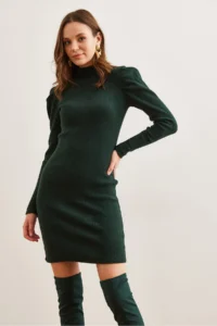 Olalook Women's Emerald Green Half Turtleneck Princess Sleeve Raised Mini Dress - Image 3
