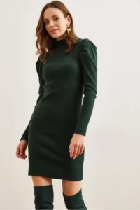 Olalook Women's Emerald Green Half Turtleneck Princess Sleeve Raised Mini Dress - Image 4