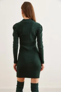 Olalook Women's Emerald Green Half Turtleneck Princess Sleeve Raised Mini Dress - Image 7