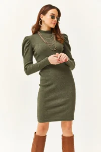 Olalook Women's Khaki Half Turtleneck Princess Sleeve Raised Mini Dress - Image 2