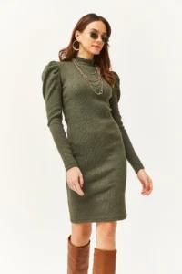 Olalook Women's Khaki Half Turtleneck Princess Sleeve Raised Mini Dress - Image 3