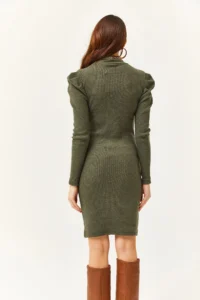 Olalook Women's Khaki Half Turtleneck Princess Sleeve Raised Mini Dress - Image 5