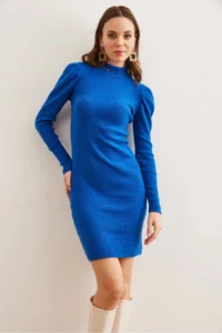 Olalook Women's Saks Blue Half Turtleneck Princess Sleeve Raised Mini Dress - Image 3