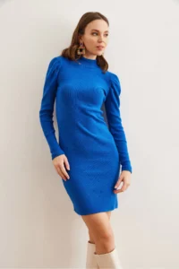 Olalook Women's Saks Blue Half Turtleneck Princess Sleeve Raised Mini Dress - Image 4