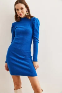 Olalook Women's Saks Blue Half Turtleneck Princess Sleeve Raised Mini Dress - Image 5