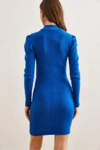 Olalook Women's Saks Blue Half Turtleneck Princess Sleeve Raised Mini Dress - Image 7