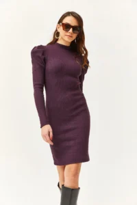 Olalook Women's Plum Half Turtleneck Princess Sleeve Raised Mini Dress - Image 3
