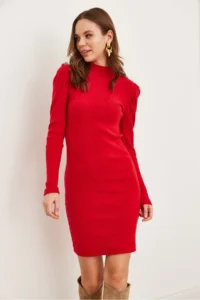 Olalook Women's Red Half Turtleneck Princess Sleeve Raised Mini Dress - Image 2