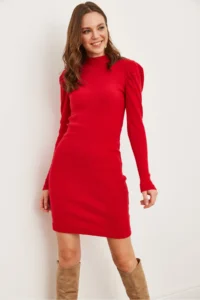 Olalook Women's Red Half Turtleneck Princess Sleeve Raised Mini Dress - Image 3