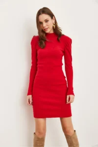 Olalook Women's Red Half Turtleneck Princess Sleeve Raised Mini Dress - Image 4