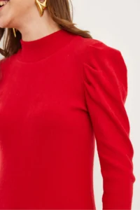 Olalook Women's Red Half Turtleneck Princess Sleeve Raised Mini Dress - Image 5